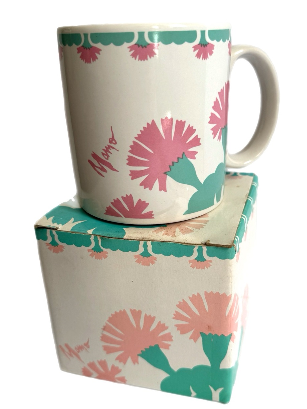 Vtg Mamo Howell Mamo’s Flowers Mug Cup with Original Box Pink Teal Aloha Hawaii